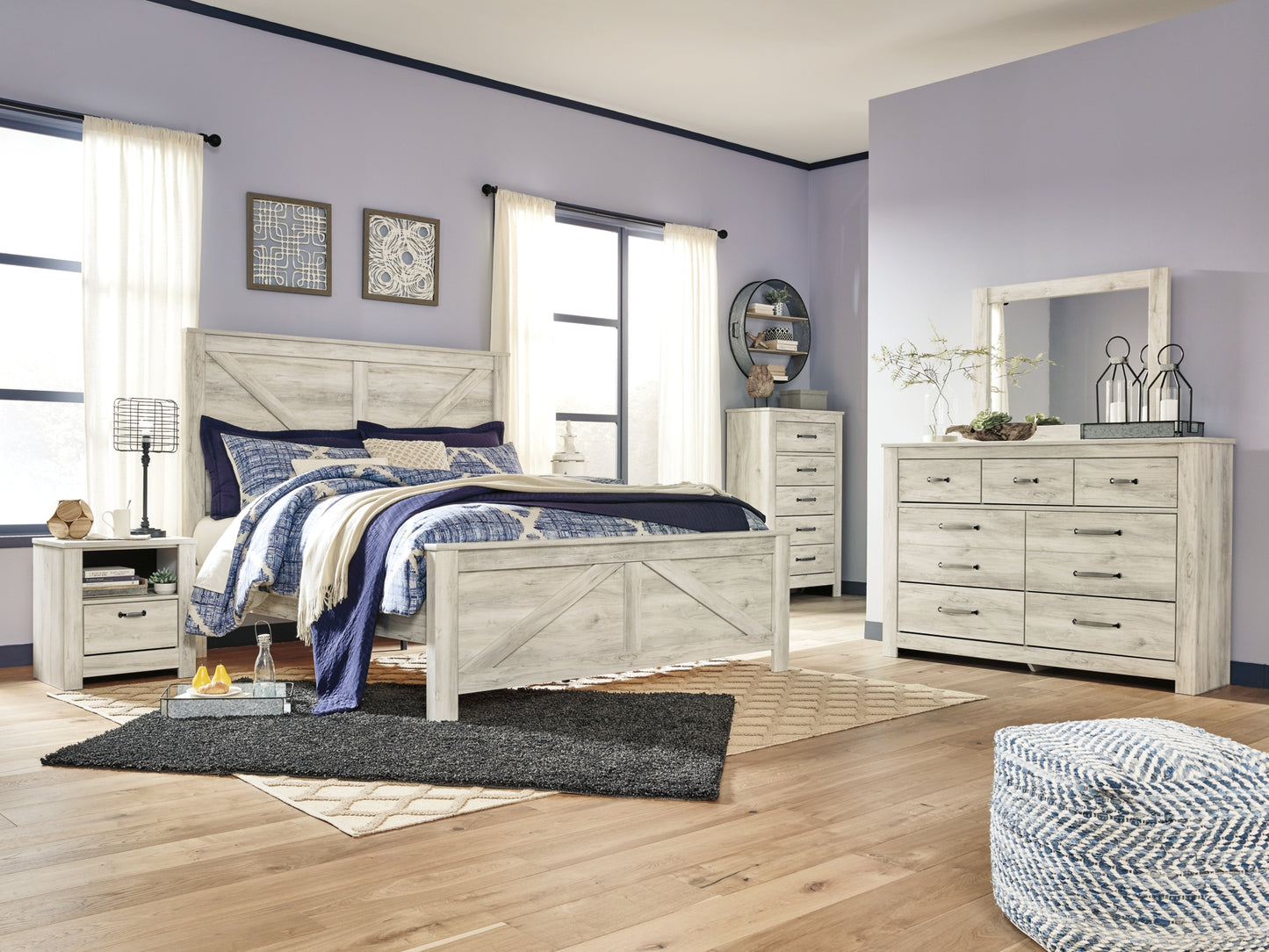 Bellaby  Crossbuck Panel Bed With Mirrored Dresser, Chest And Nightstand