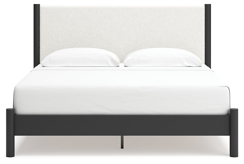 Cadmori King Upholstered Panel Bed with Mirrored Dresser