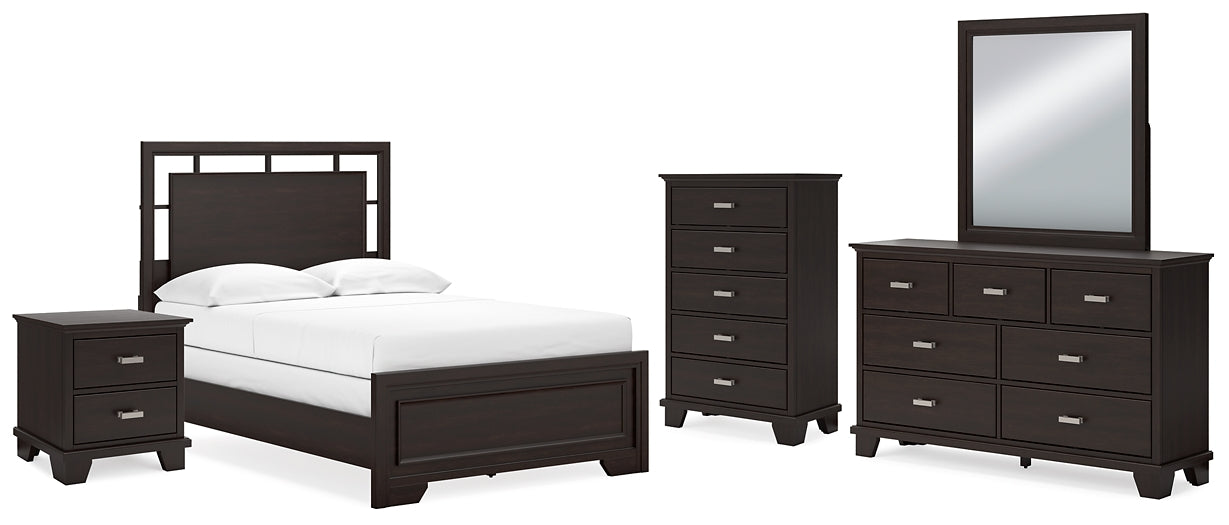 Covetown Full Panel Bed with Mirrored Dresser, Chest and Nightstand