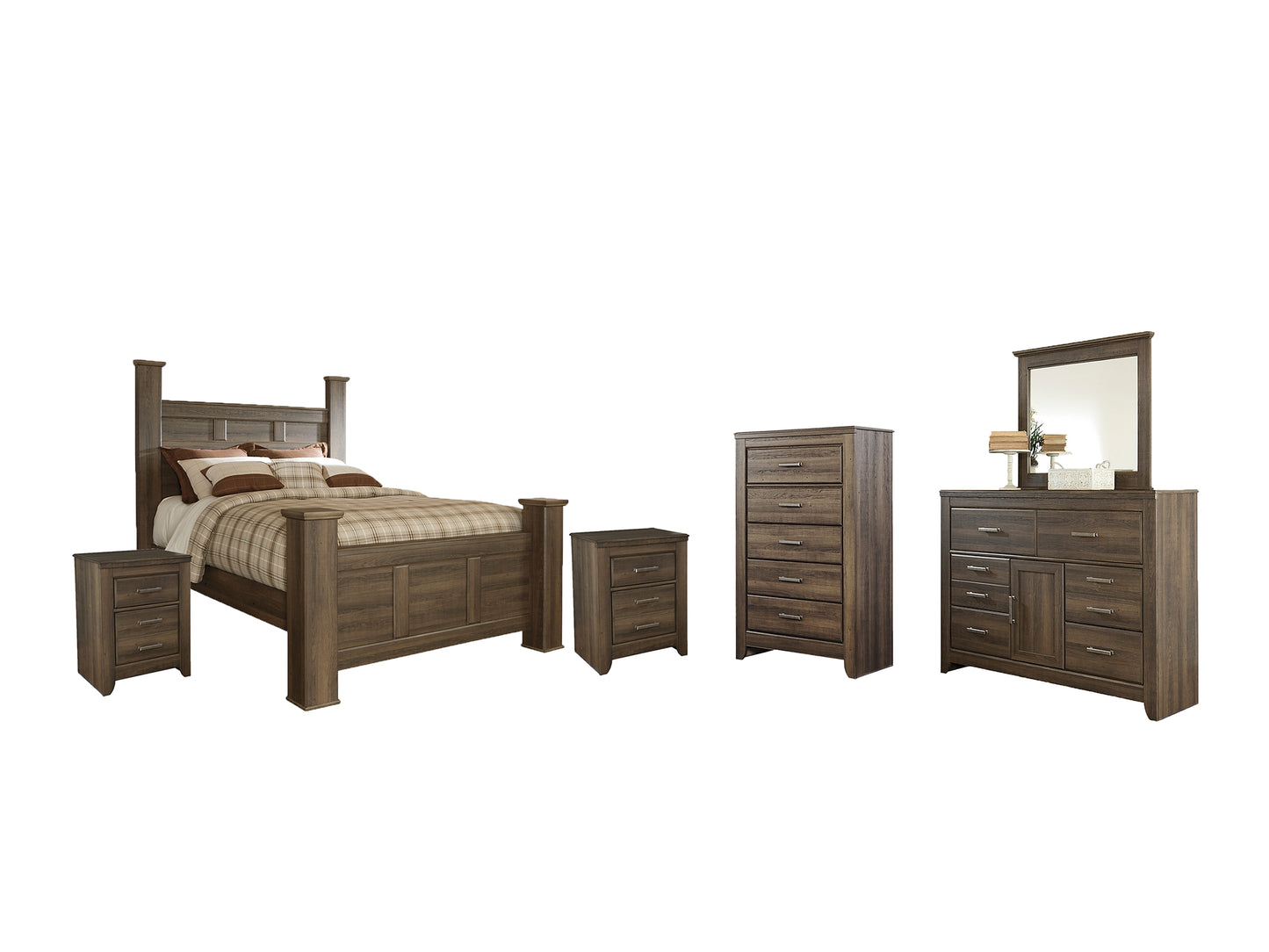 Juararo Queen Poster Bed with Mirrored Dresser, Chest and 2 Nightstands