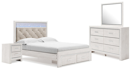 Altyra Queen Upholstered Storage Bed with Mirrored Dresser and Nightstand