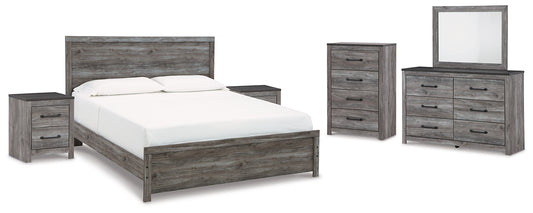 Bronyan King Panel Bed with Mirrored Dresser, Chest and 2 Nightstands