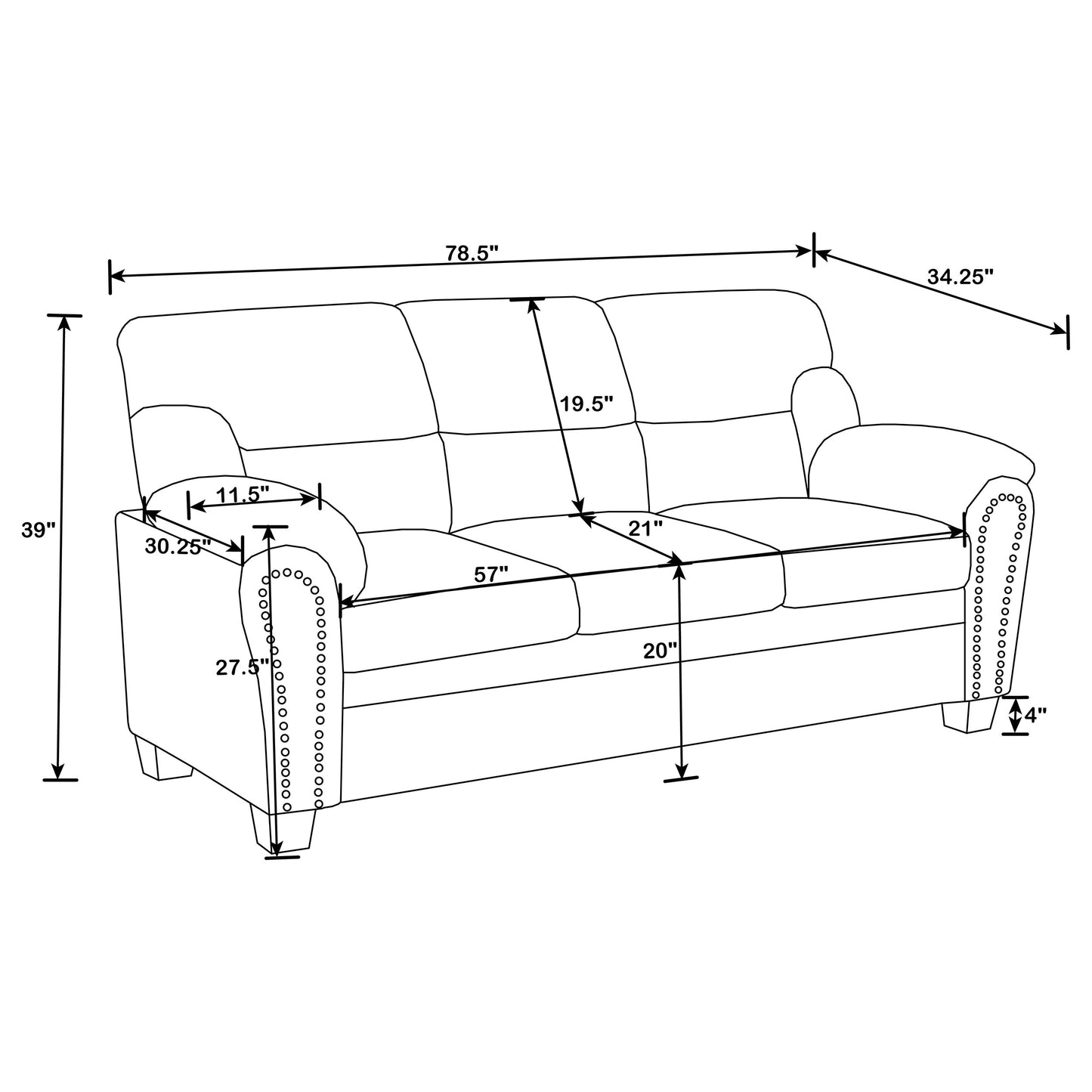 Clementine 3-piece Upholstered Padded Arm Sofa Set Brown