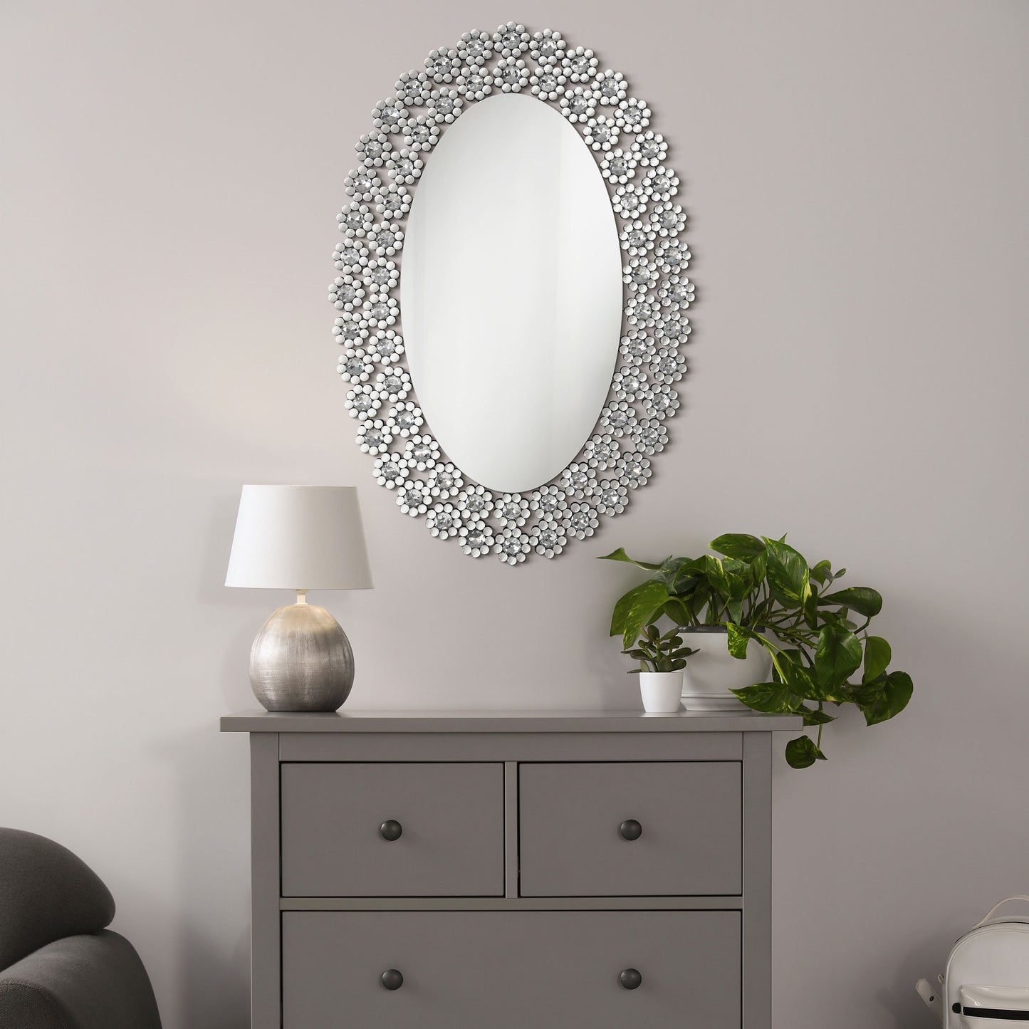 Colleen 31 x 47 Inch Oval Wall Mirror Crystal Flowers Silver